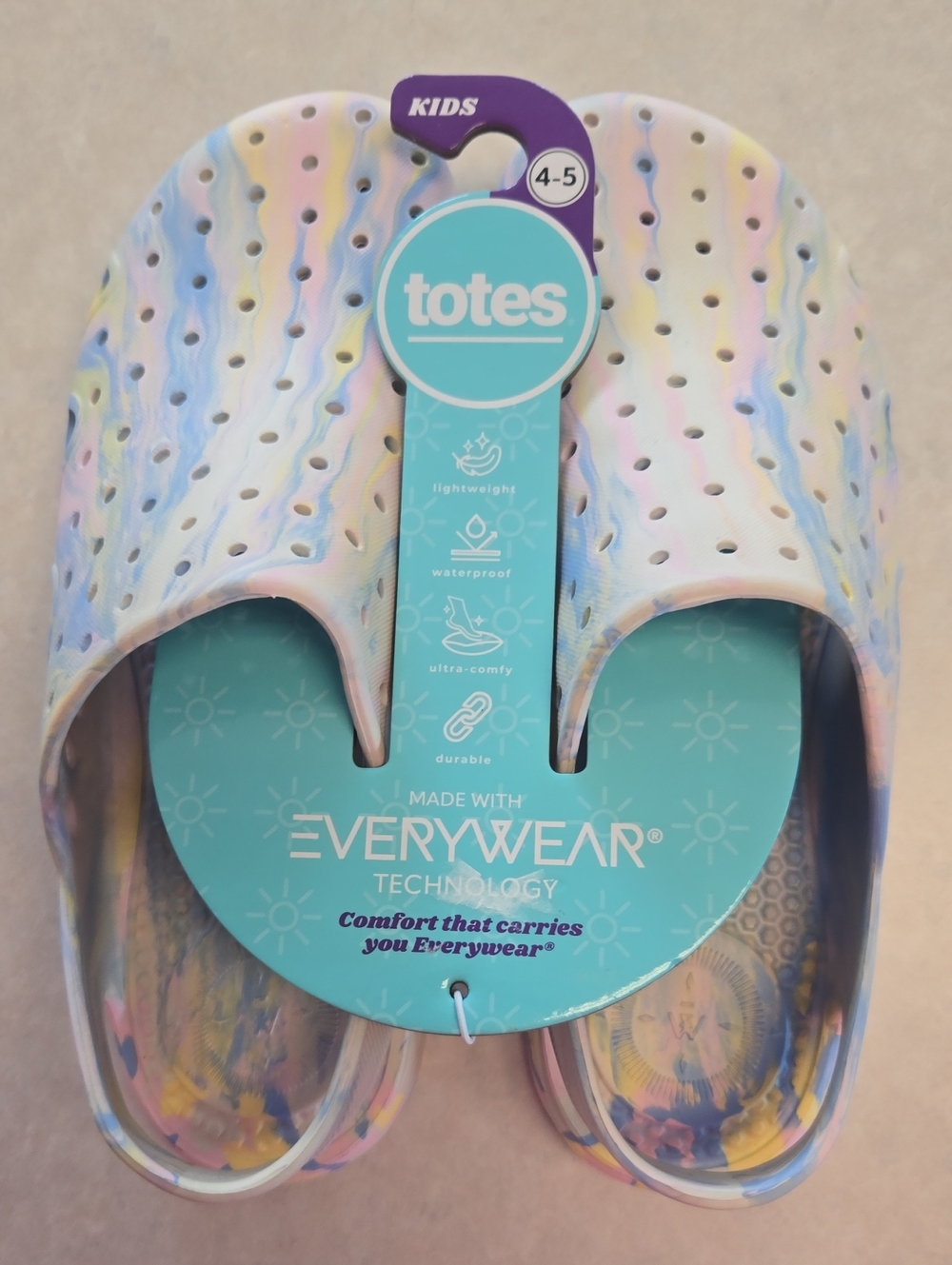 Totes Girls Size 4/5 Pastel Tie-Dye Slip-On Sandals - Pink, Blue, Yellow. NWT